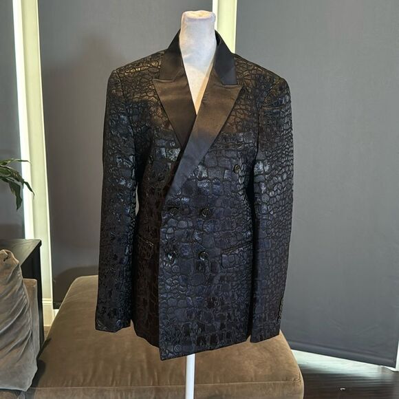 Black Patterned Double Breasted 2 Piece Suit Tuxedo Size 34 Jacket 29/31 Pants - Picture 1 of 15